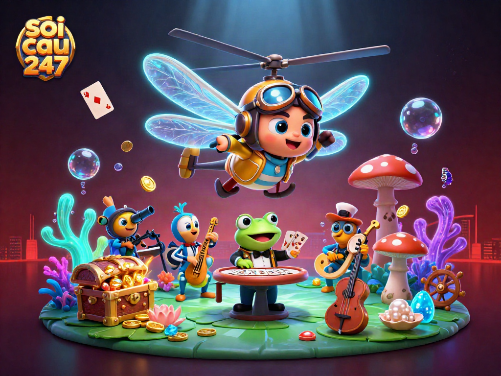 Soi cau 247 showcases vibrant gambling fun with a dragonfly pilot, frog croupier, and lively jazz musicians.