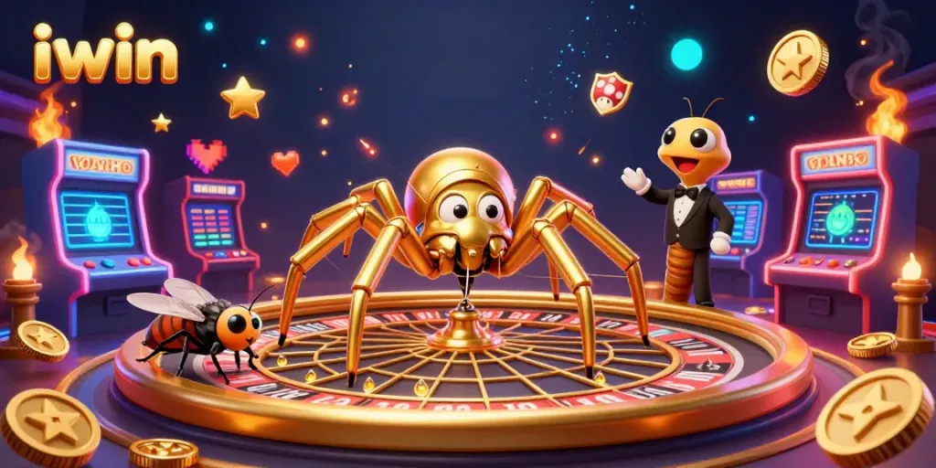 Enhance your gaming with iwin's vibrant roulette scene featuring a golden spider croupier.