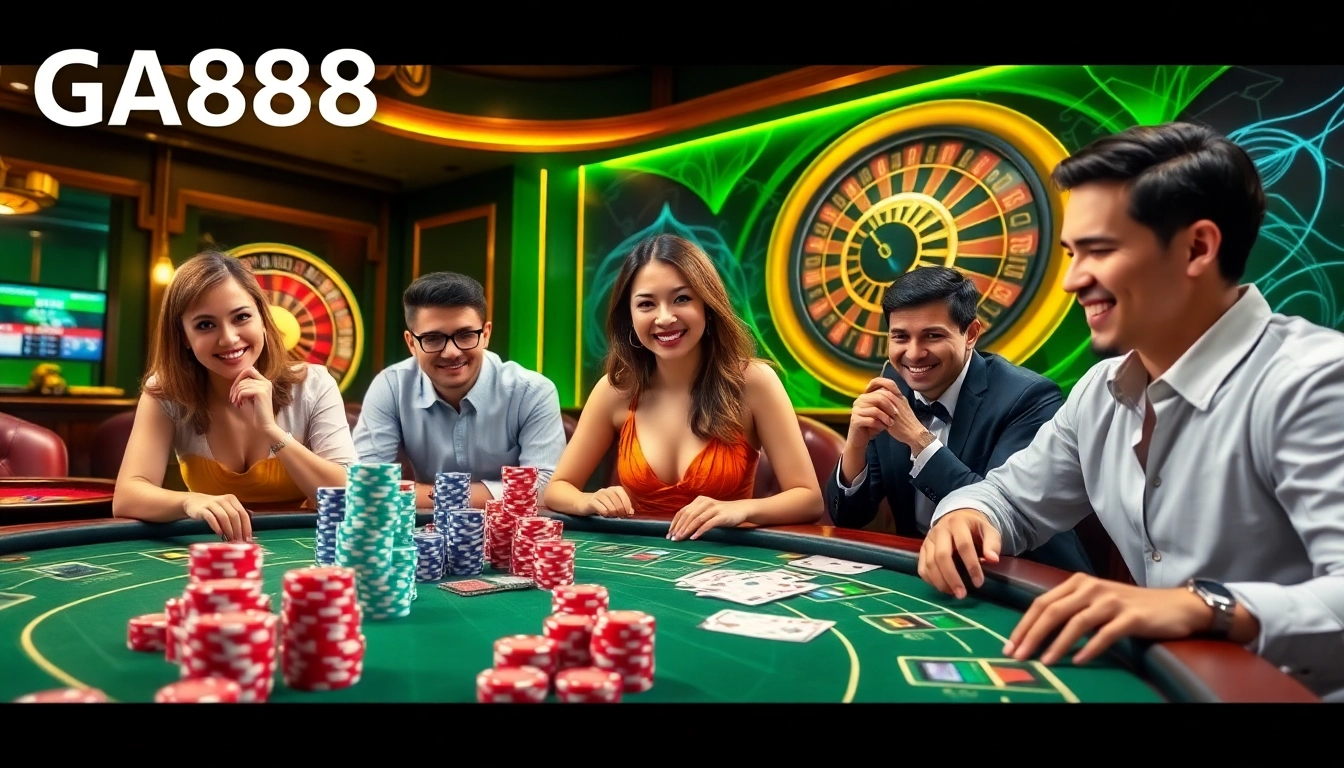 Engage in thrilling gameplay at GA888, showcasing poker chips, roulette wheel, and vibrant casino atmosphere.