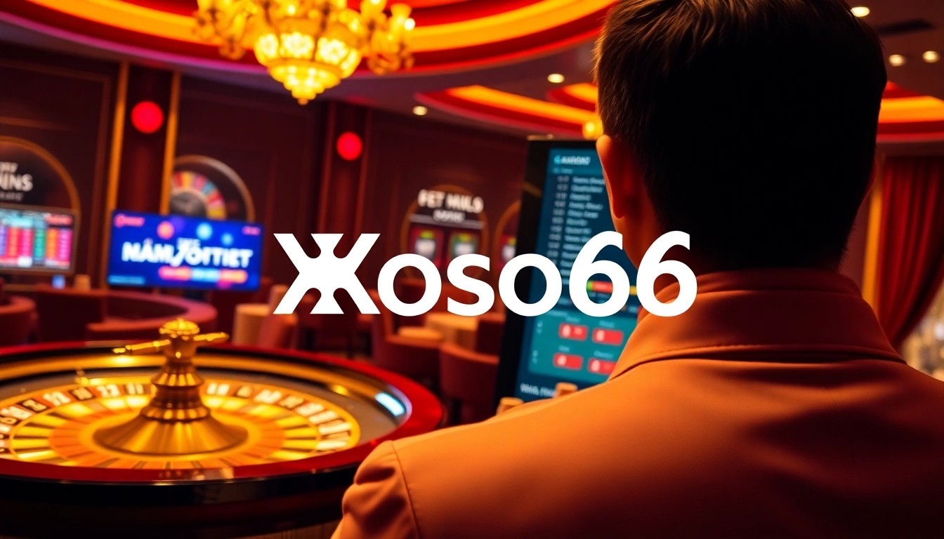 Xoso66 logo displayed in a luxurious casino scene featuring poker chips, roulette wheel, and digital betting options.