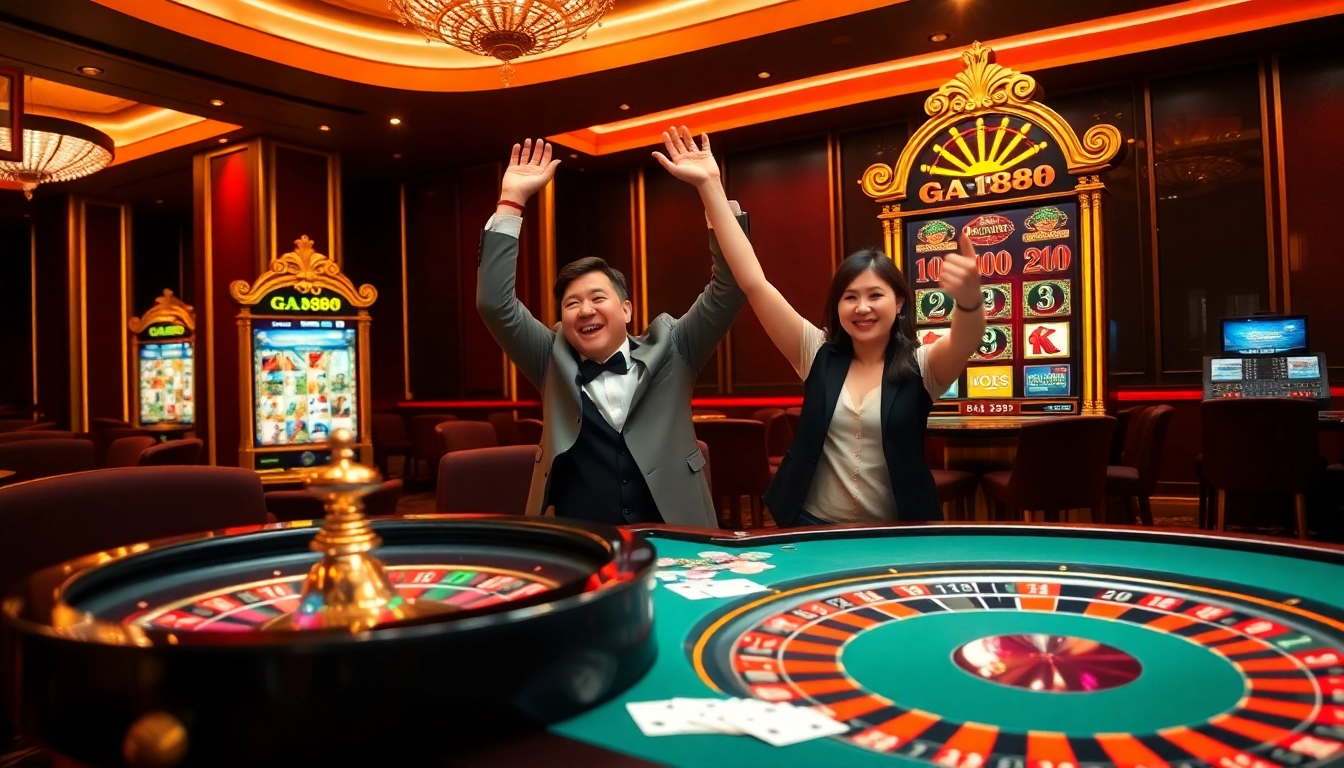 GA888 players celebrating a win at a luxurious casino table with roulette and poker elements.