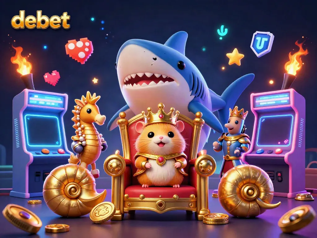 Engage with debet, the vibrant online casino featuring a hamster king, glowing arcade elements, and underwater creatures.