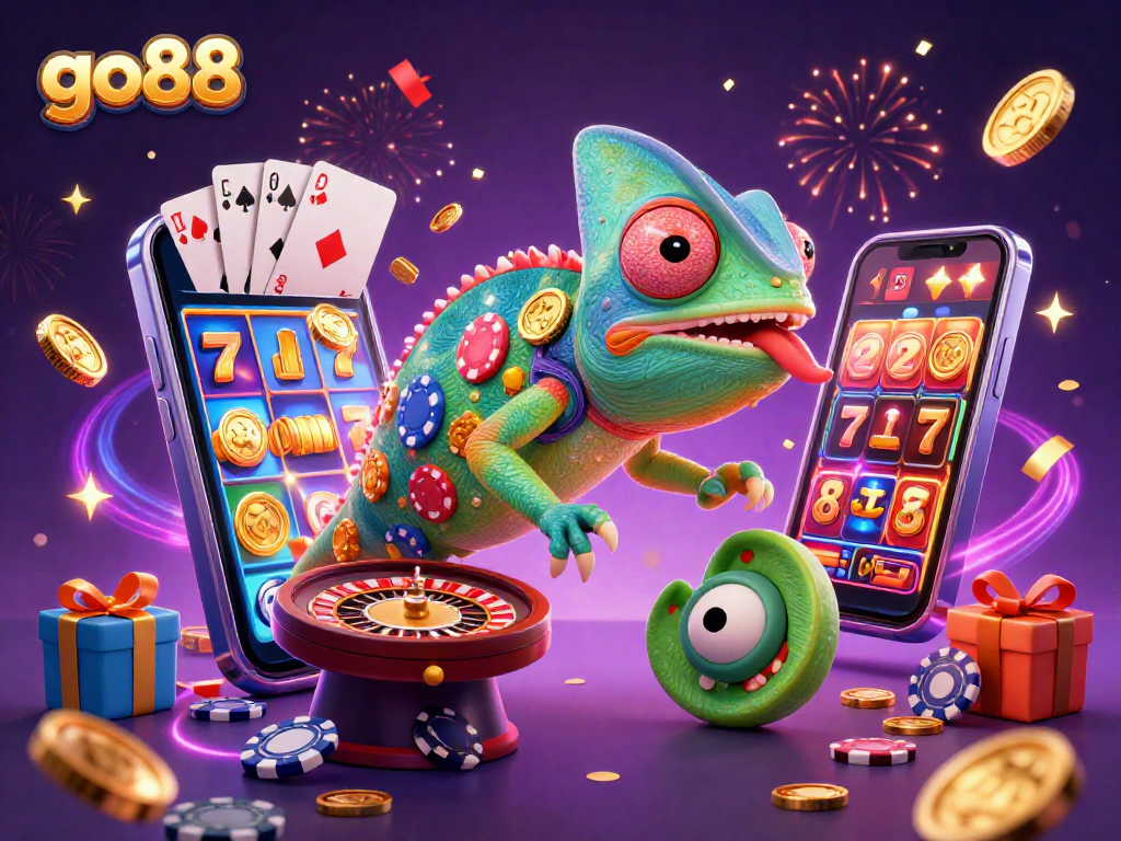 Experience excitement with go88 as the chameleon casino owner captures golden coins amid vibrant game elements.