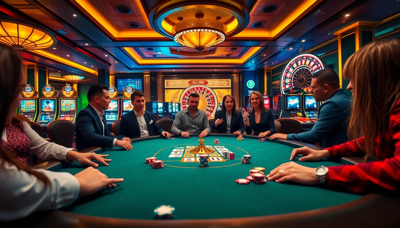 Players engaging with the AU88 poker table, surrounded by vibrant casino elements.