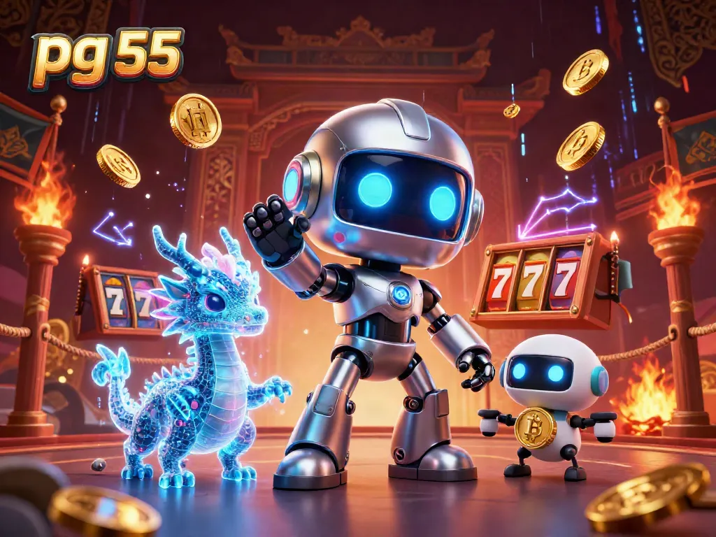 Experience the thrill of pg 55 with a vibrant 3D illustration of a cyberpunk robot and AI dragon in a dynamic casino setting.