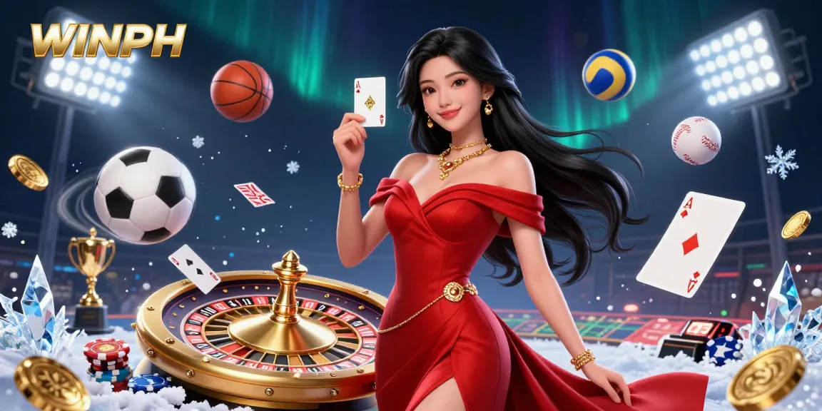 WinPH players winning with a golden playing card amidst dynamic sports elements in a luxurious casino setting.