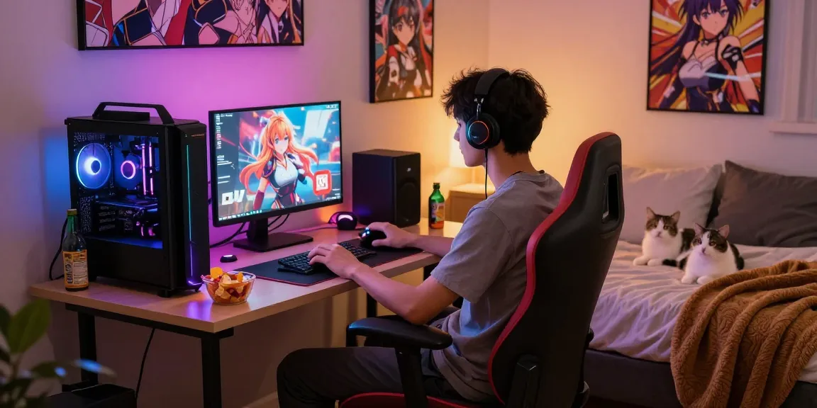 Immersive gamer enjoying hentai games online in a cozy, colorful bedroom setting.