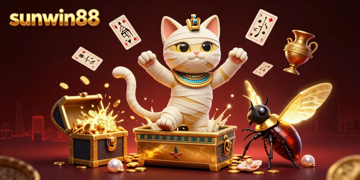 Experience luck and excitement with sunwin88 in this vibrant casino scene featuring a mummy cat and treasures.