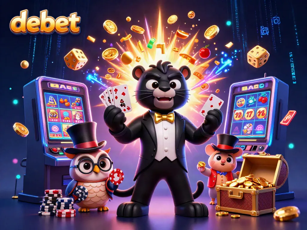 Experience debet with a stylish black panther dealer and lucky characters in a vibrant casino scene.
