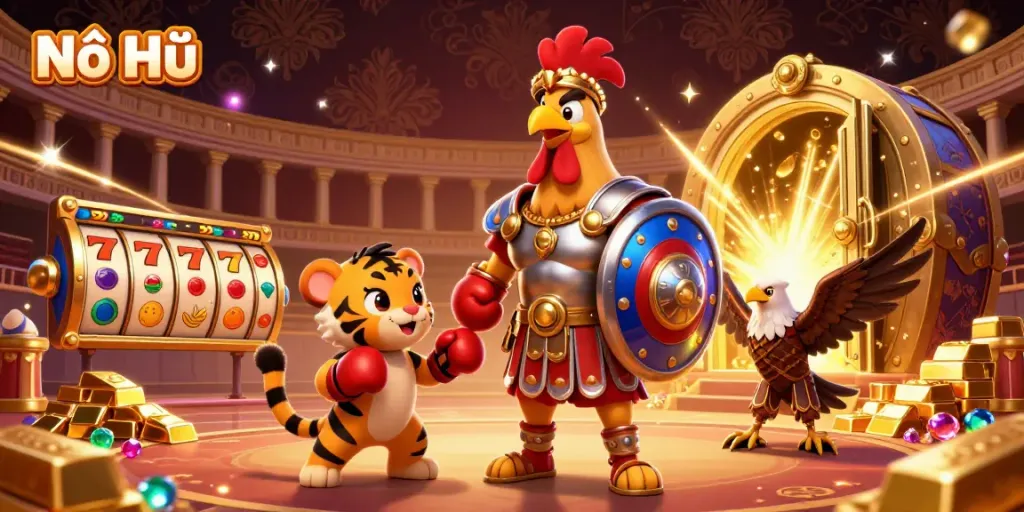 Engage with the exciting Nổ Hũ gambling experience illustrated in vibrant detail, featuring a heroic rooster and dynamic casino elements.