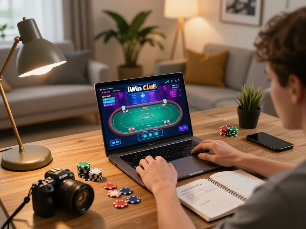 Engaged player enjoying an iWin Club poker game on a laptop in a cozy setup.