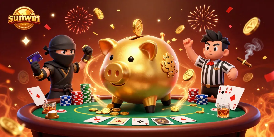 Join the excitement of sunwin as the golden piggy bank wrestler shakes coins in a dynamic casino scene.