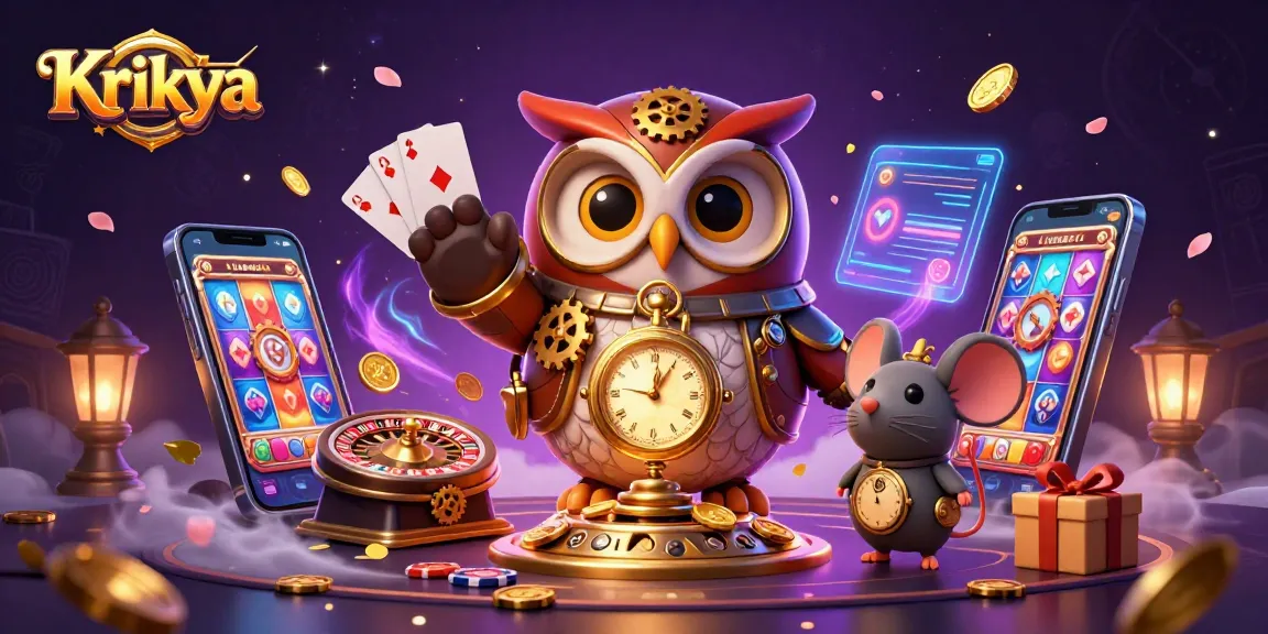 Krikya showcases a vibrant steampunk casino scene with a time-traveler owl and interactive gaming elements.