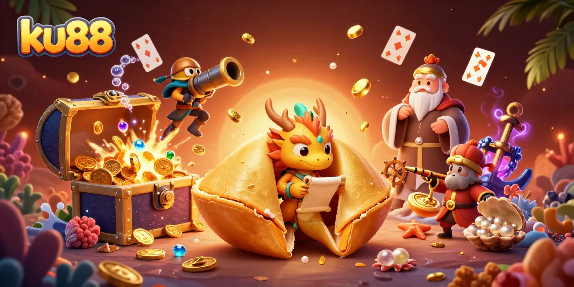 ku88 players enjoy dynamic gaming with a wise dragon and golden fortune symbols amidst vibrant treasures