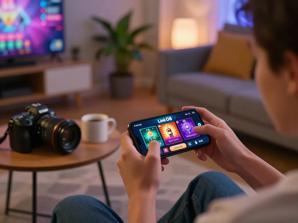 Person enjoying the Link O8 app on smartphone in a cozy home gaming setup.