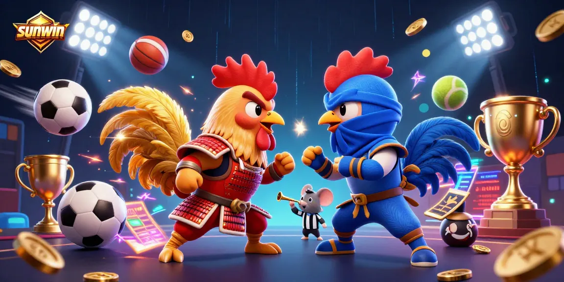 Engage in thrilling gameplay at sunwin with dynamic roosters battling amidst vibrant casino elements.
