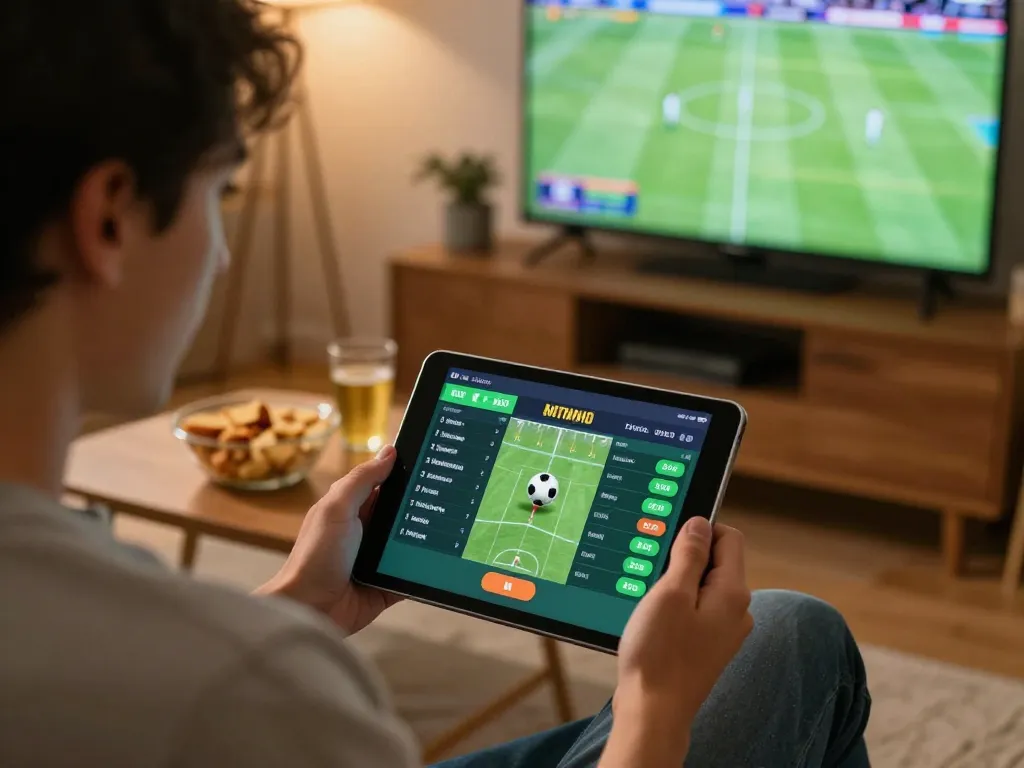 Engaging in sports betting using a tablet at home while watching a match, featuring trang cá cược bóng đá.