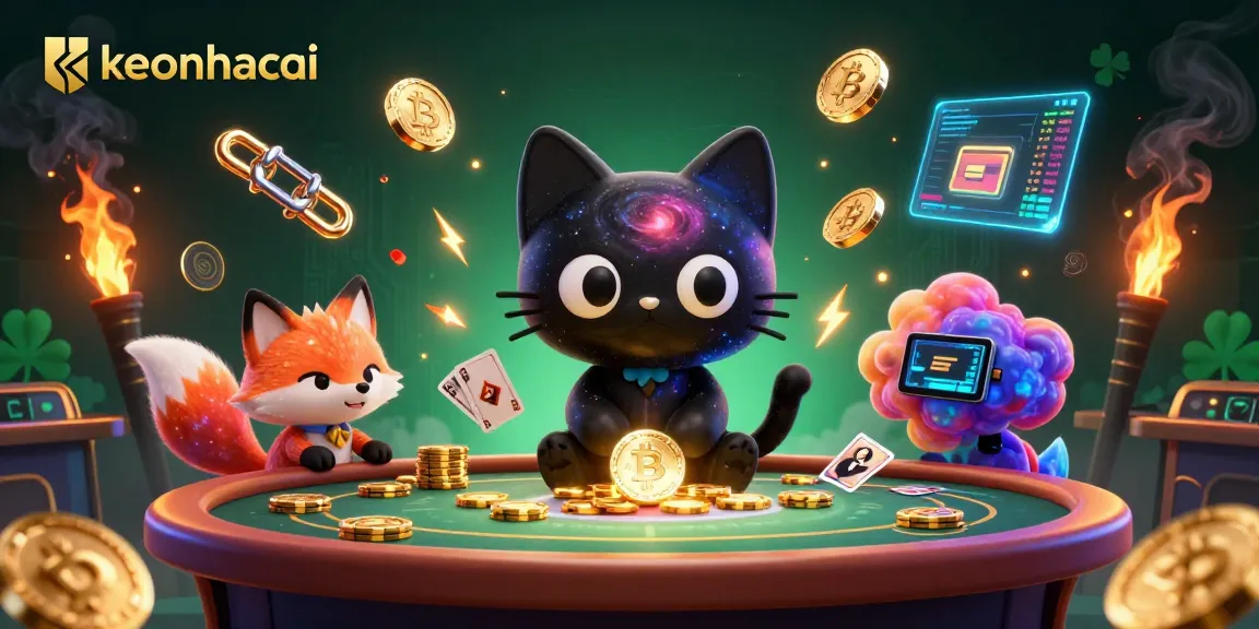 Experience thrilling gameplay with keonhacai at a cosmic casino table surrounded by vibrant crypto elements.