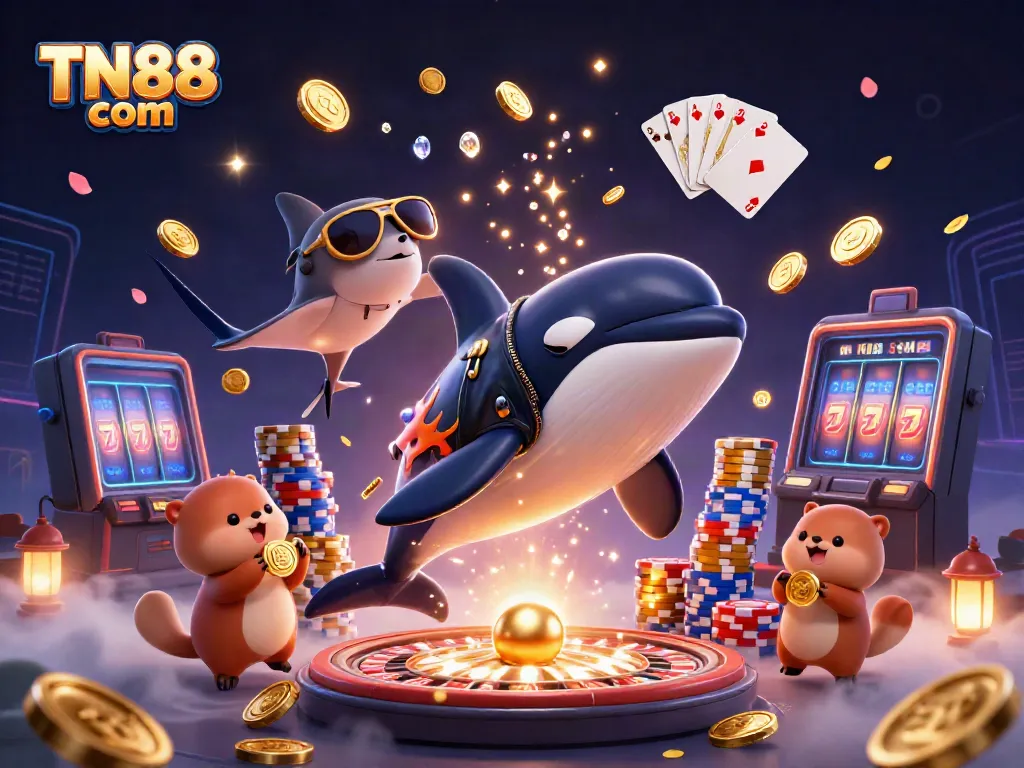 Experience the excitement at TN88 com with animated casino characters celebrating wins in a vibrant, dynamic scene.