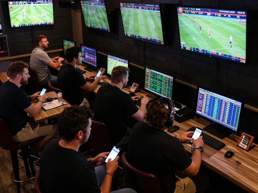 Engaged bettors excitedly analyzing odds at TG88's sports bar betting environment.