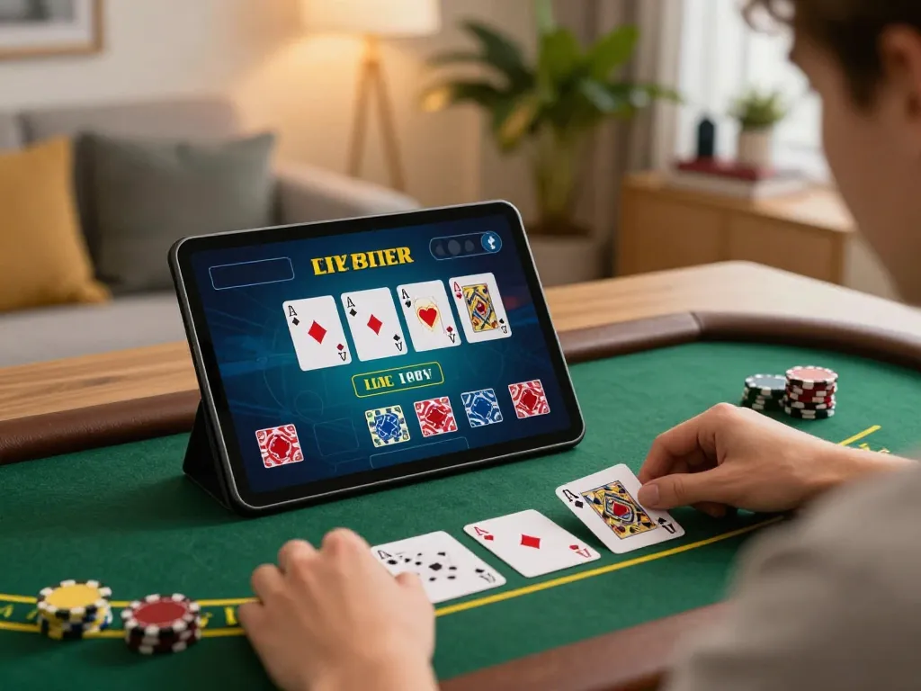 Engage in strategic online blackjack at nhà cái bl555, featuring a player analyzing cards on a tablet.
