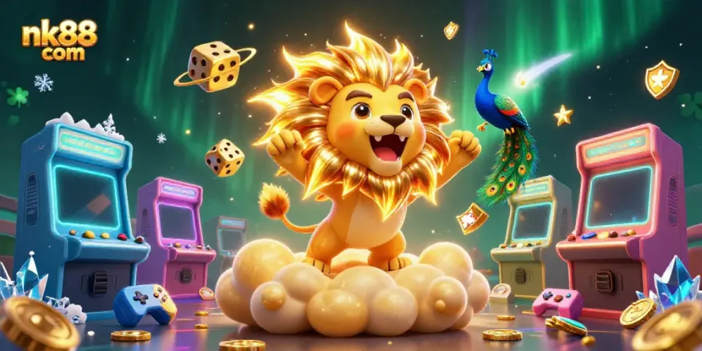 Engage in high-stakes fun at nk88 com with our vibrant 3D casino scene featuring game elements and a roaring sun lion.