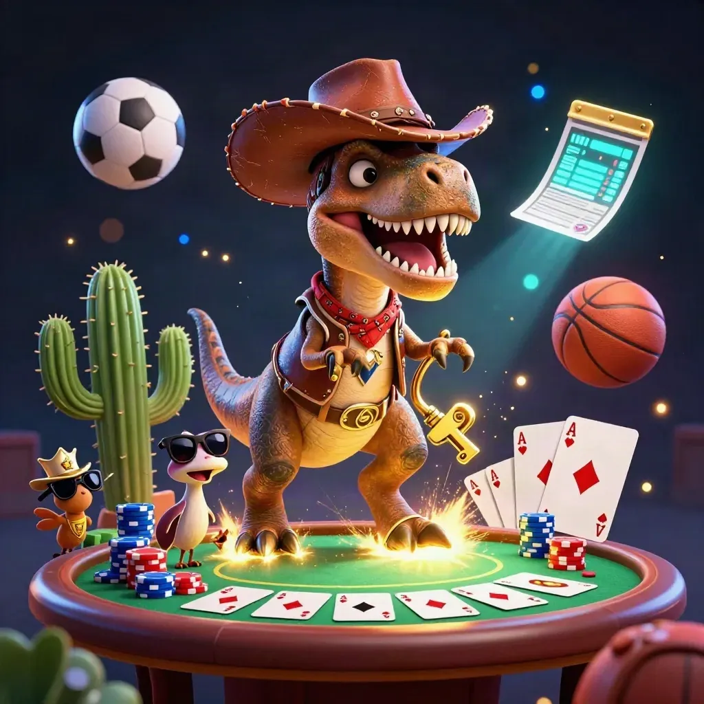 Cowboy T-Rex, cactus sidekick and roadrunner amid casino chips, poker cards, balls and neon haze.