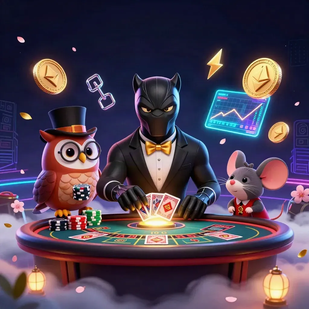 Panther, owl, and mouse at a neon casino table with coins, lightning, and mystical effects.