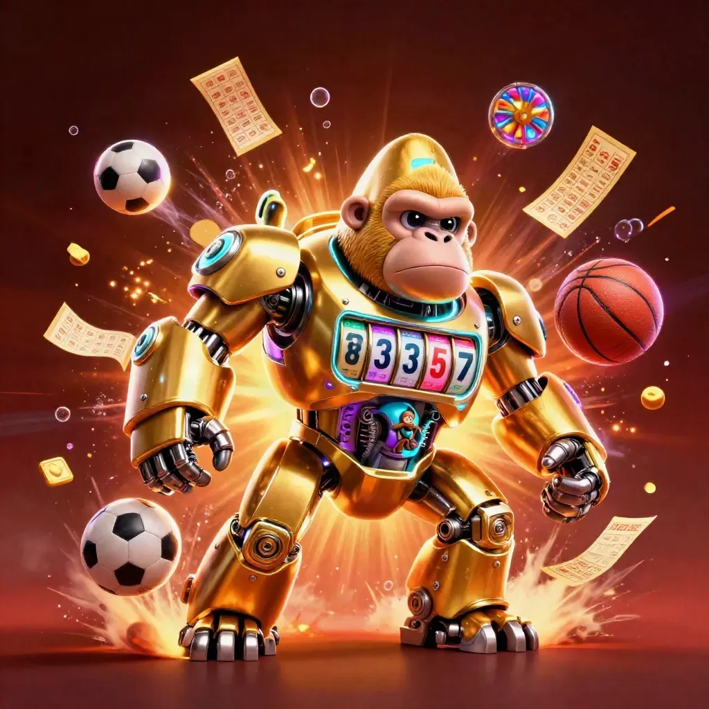Golden gorilla mech with monkey pilot, sports balls, casino props and neon glow in a crimson-gold storm.