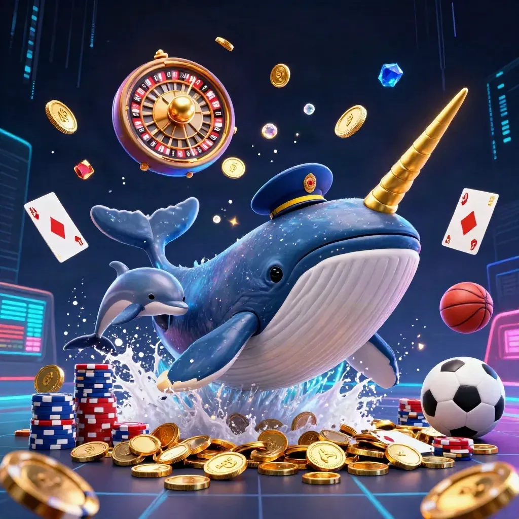 Whale, narwhal, dolphins, coins, chips, roulette wheel, balls, and neon casino effects in a ground-level splash scene.