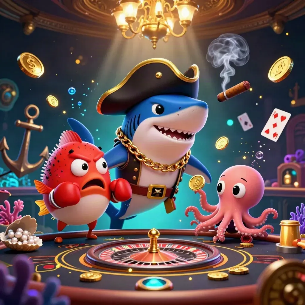 Pirate shark, boxing pufferfish, and coin-juggling octopus in a glowing treasure-cove casino.