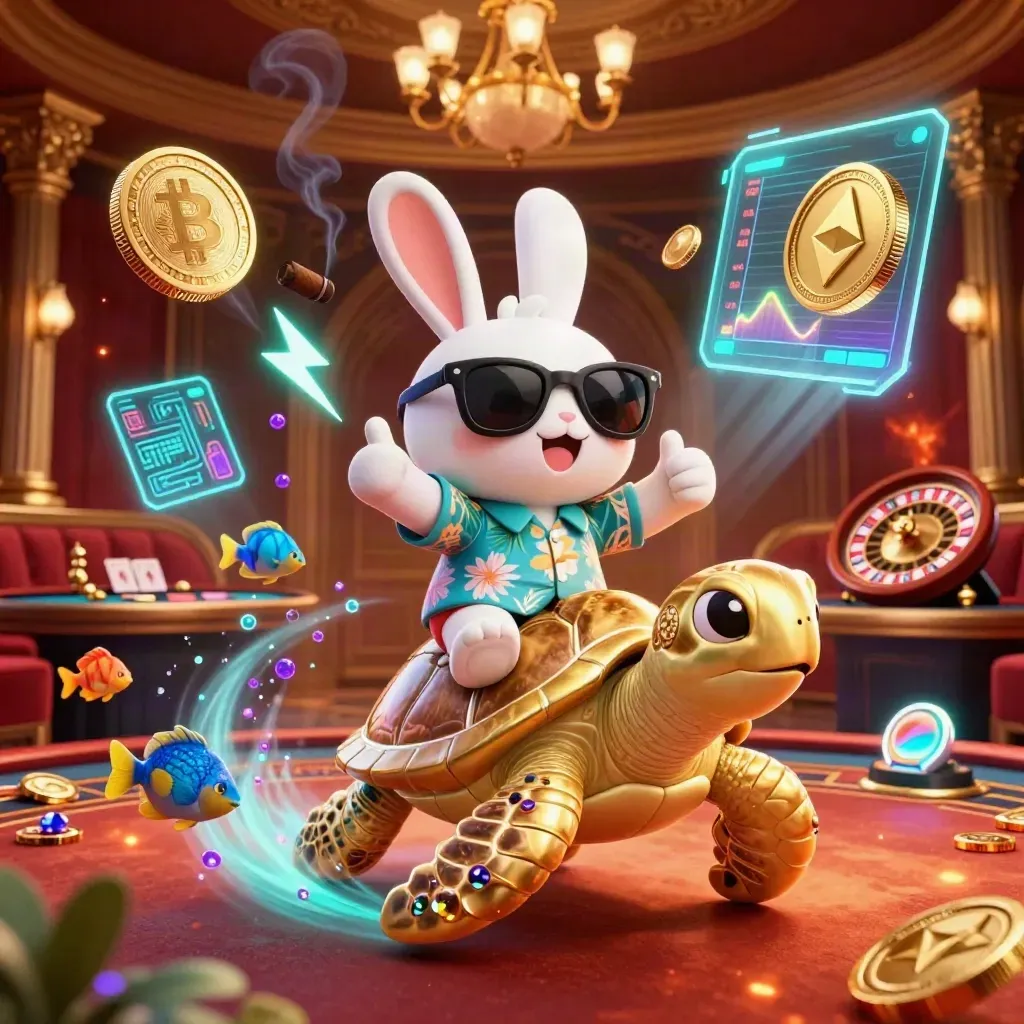 Rabbit on golden sea turtle amid casino lights, coins, charts, and glowing effects
