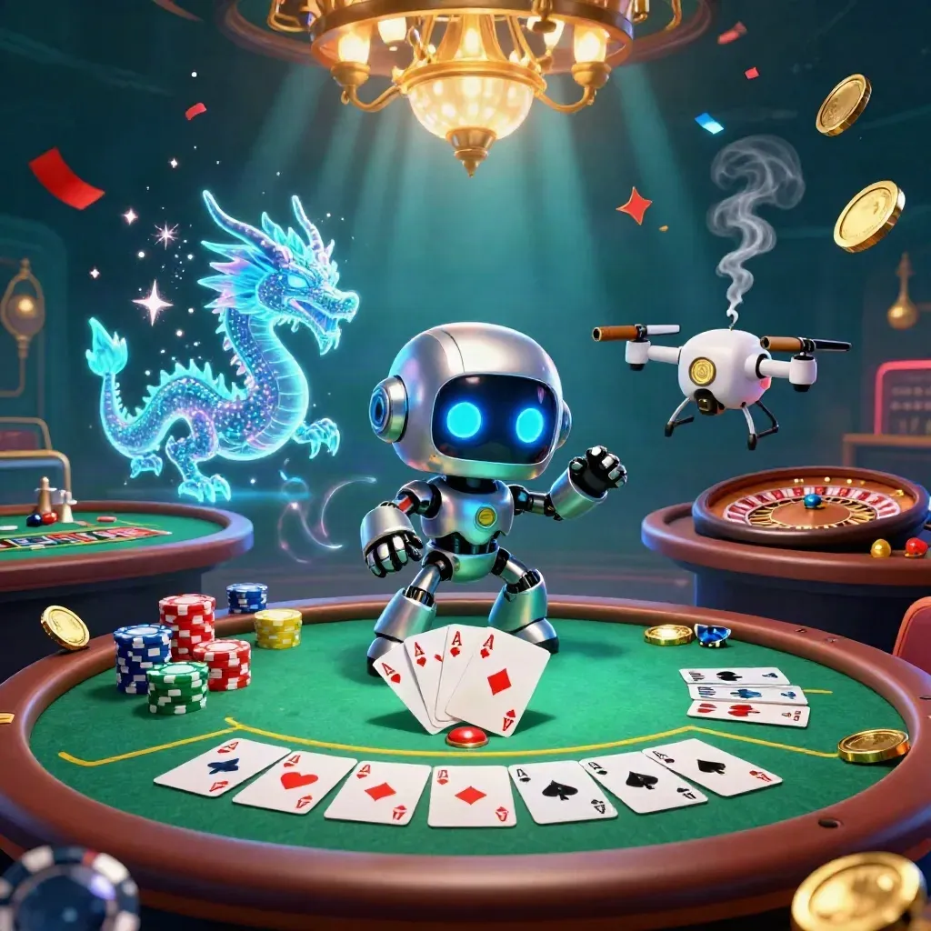 Cyberpunk robot, holographic dragon, and coin drone at a glowing casino table with chips and cards.
