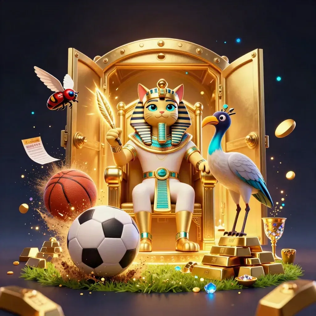 Pharaoh cat, ibis scribe, and gem scarabs amid vault gold, balls, and glowing casino light.