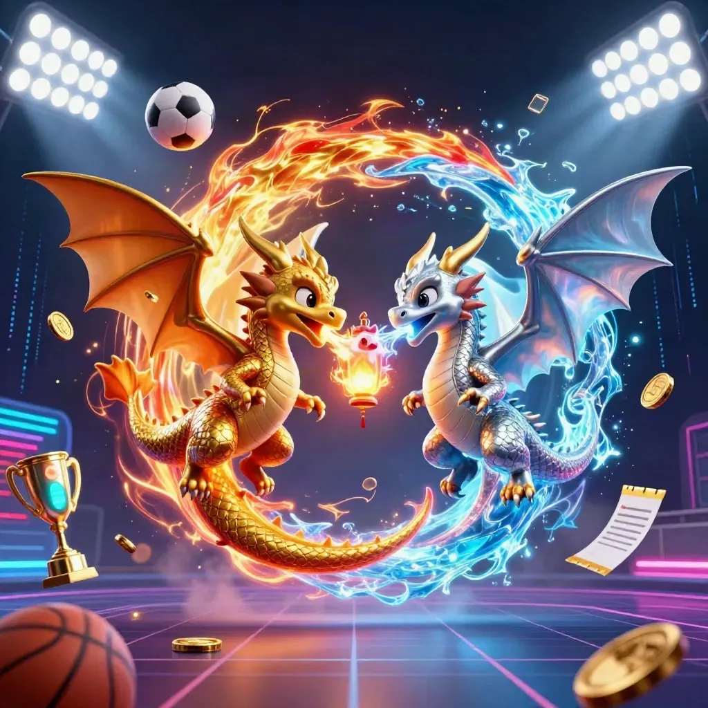 Gold and silver dragons spiral with fire and ice, surrounded by flying sports balls and casino lights.
