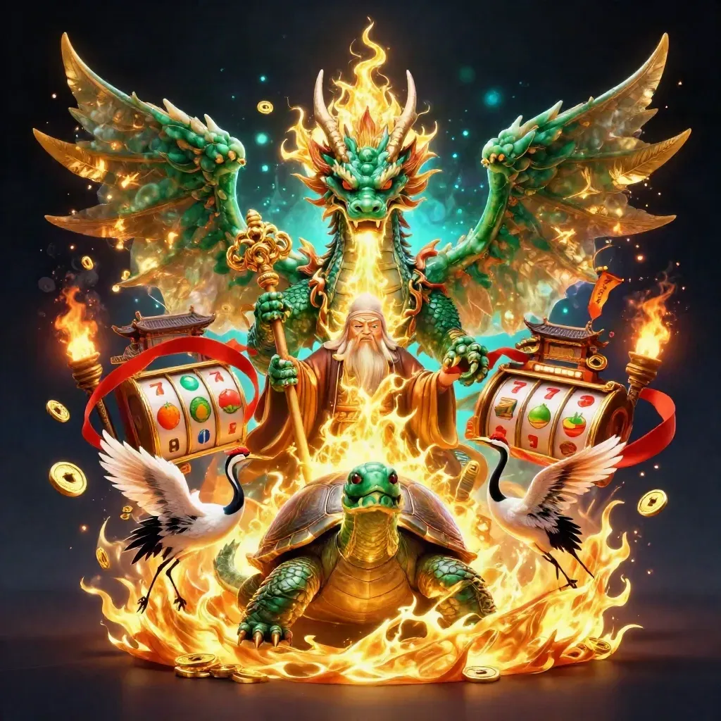 Emerald dragon, turtle sage and cranes erupt with gold fire, coins, temple gate and casino effects