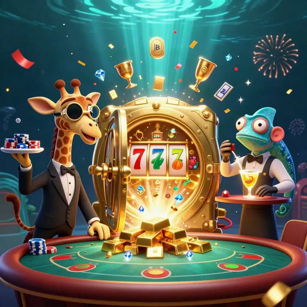 Giraffe, monkey, and chameleon casino heroes with a bursting gold vault and jewels