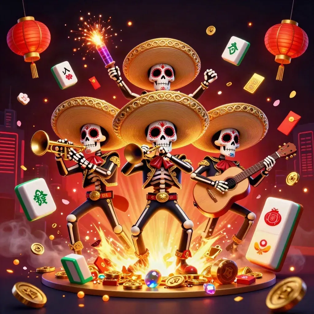 Skeleton mariachi trio erupts with gold treasure, lanterns, coins, and neon casino energy.