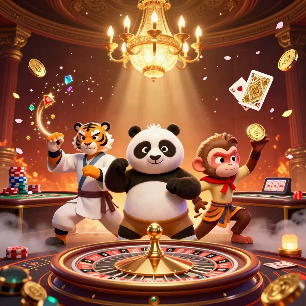Kung-fu tiger, panda, and monkey amid casino gold, roulette, chips, and glowing luxury.