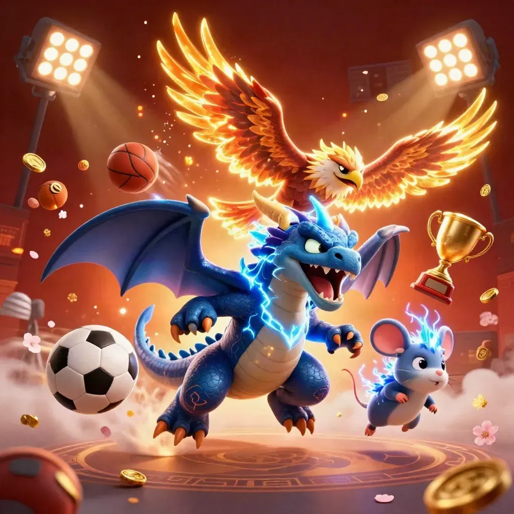 Thunder dragon, wind hawk, and thunder-mouse amid sports balls, trophies, coins, and cinematic lightning.