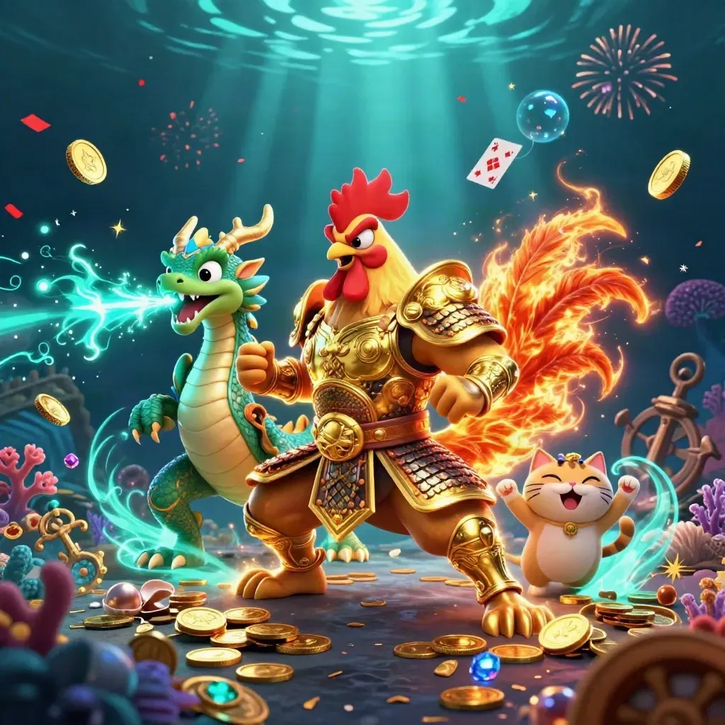 Rooster warrior, dragon hatchling, and fortune cat amid underwater treasure bursts and neon cyan glow