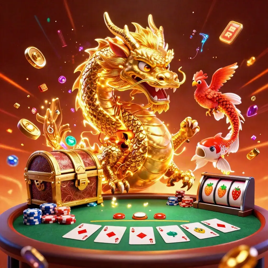 Golden dragon, phoenix and koi erupt over casino chips and cards in electric-gold fantasy key art