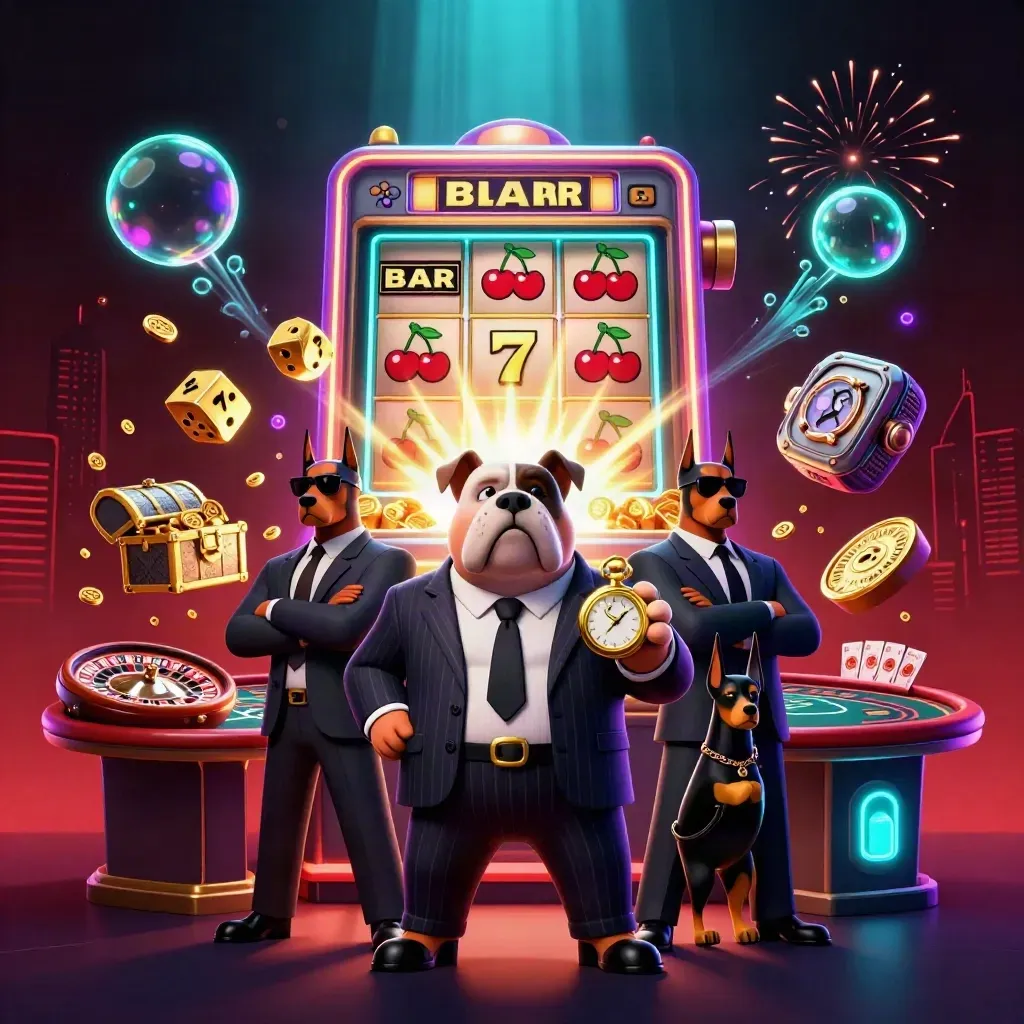 Bulldog mafia boss with bodyguards amid bursting slots, gold coins, dice and neon casino lights.