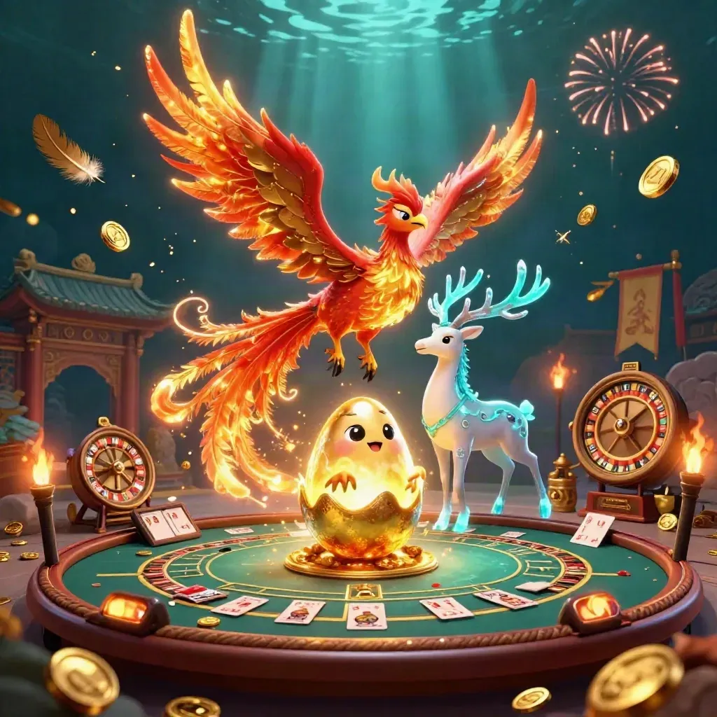 Phoenix, baby phoenix, and crystal-antler stag amid casino coins, rings, and fireworks.