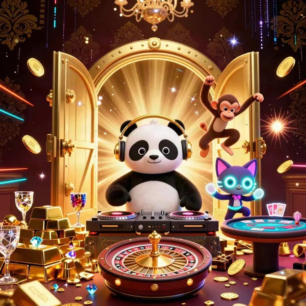 DJ panda, breakdancing monkey, and rave kitten bursting from a golden vault amid coins and neon light
