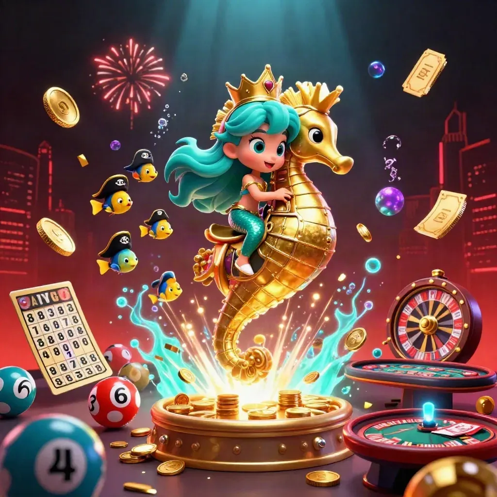 Mermaid princess on armored seahorse amid coins, lottery balls, fireworks, and neon casino glow.