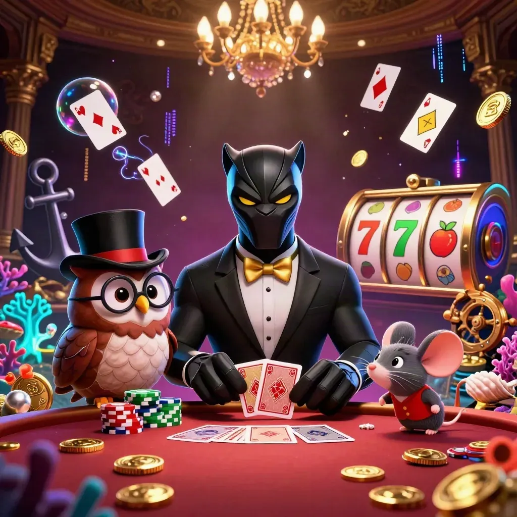 Panther, owl, and mouse casino heroes amid gold coins, coral, cards, and neon effects