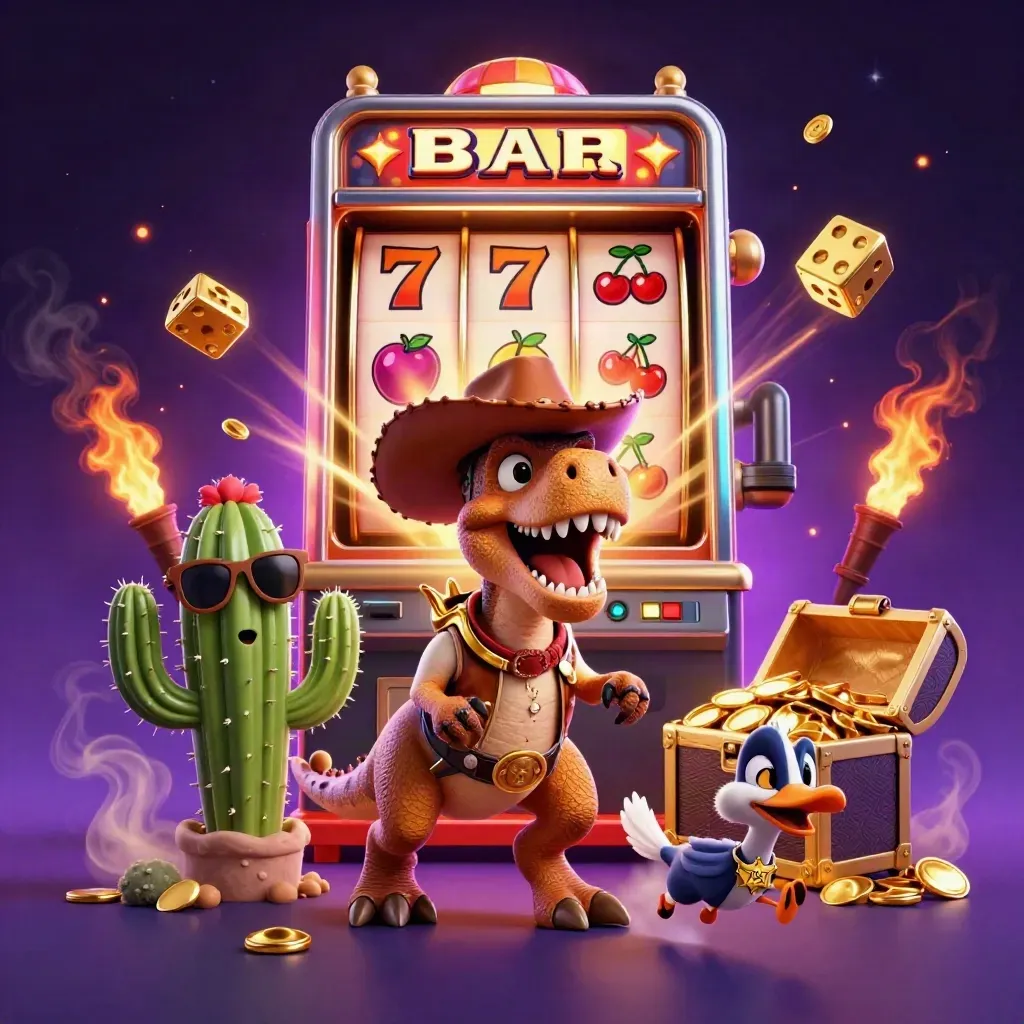 Cowboy T-Rex, cactus sidekick, and sheriff roadrunner amid jackpot slot bursts and gold light.