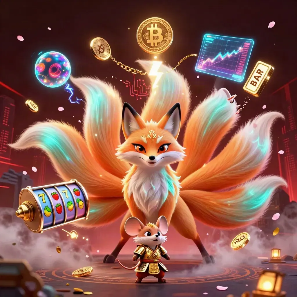 Neon fox spirit and samurai mouse amid casino coins, petals, lightning, and a red skyline