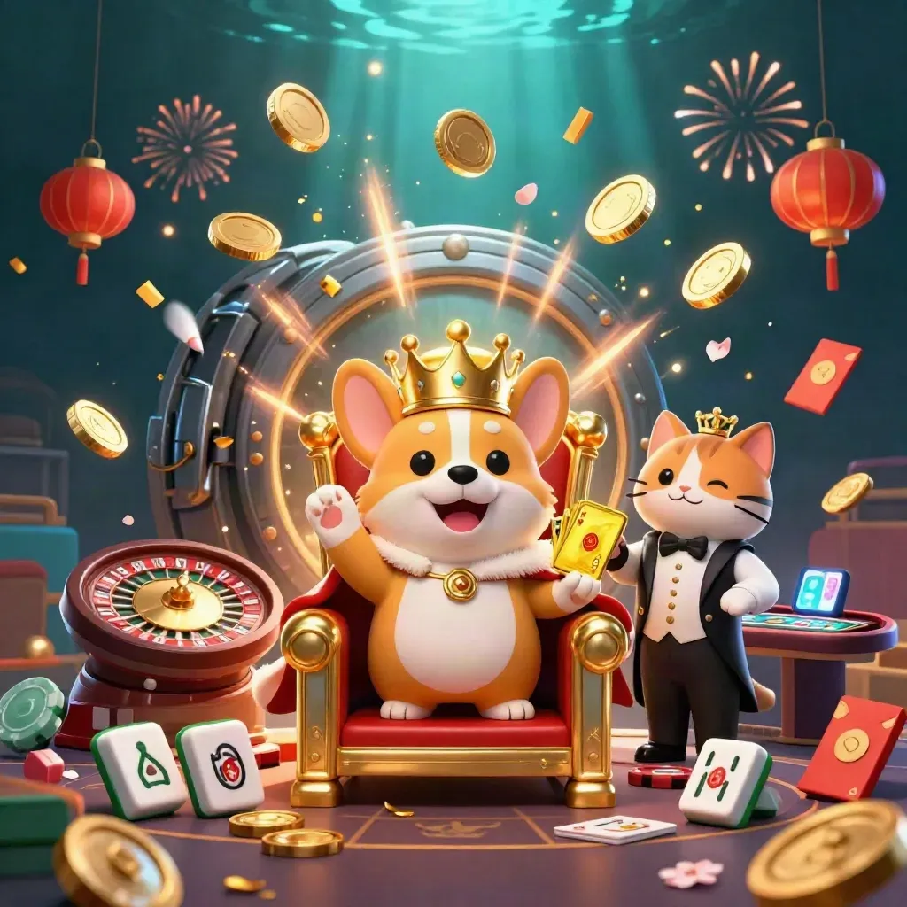 Royal corgi and cat butler on a chip throne amid coins, rockets, lanterns and casino lights.